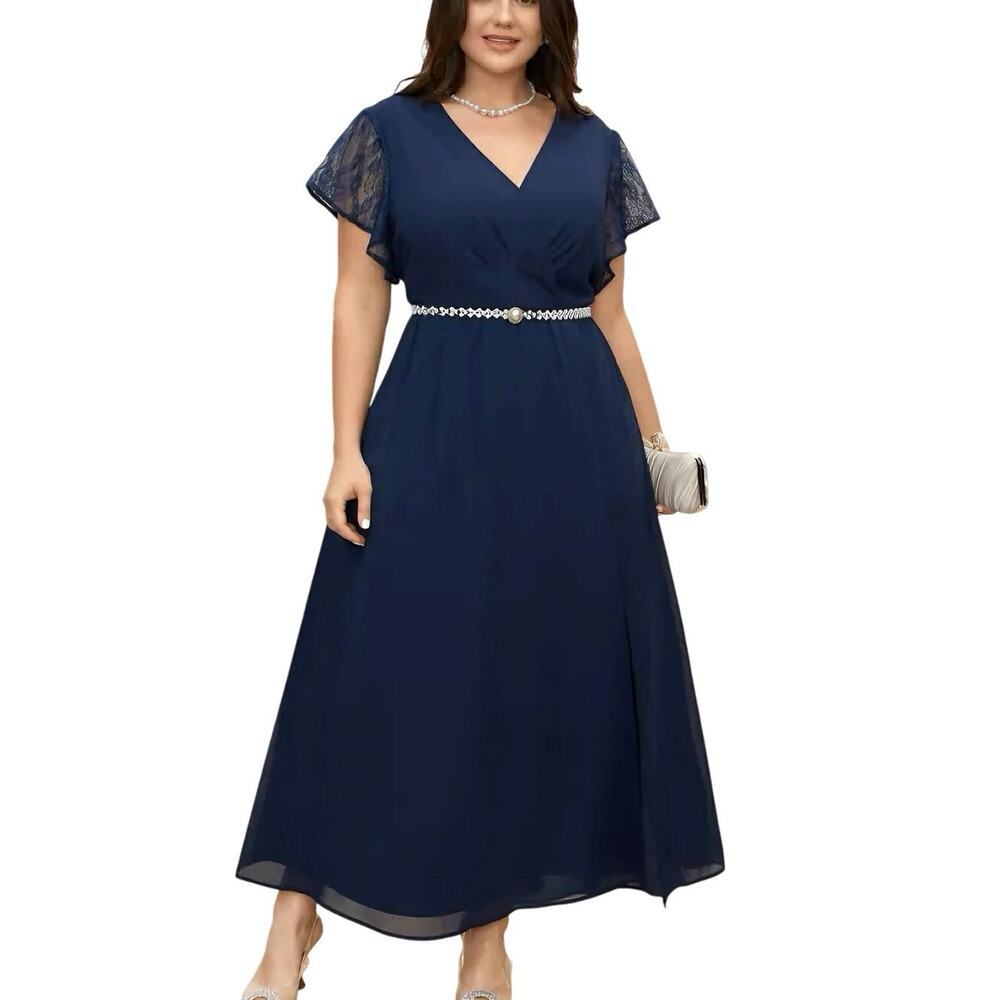 BloomChic Plus Size 1X - 14 - 16 Blue Lace Mesh Maxi Dress Flutter Sleeve NWT